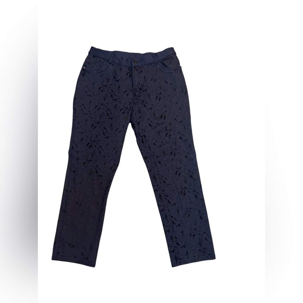 Soft Surroundings Pants PS Navy Flocked Velvet Print Straight Leg Stretch